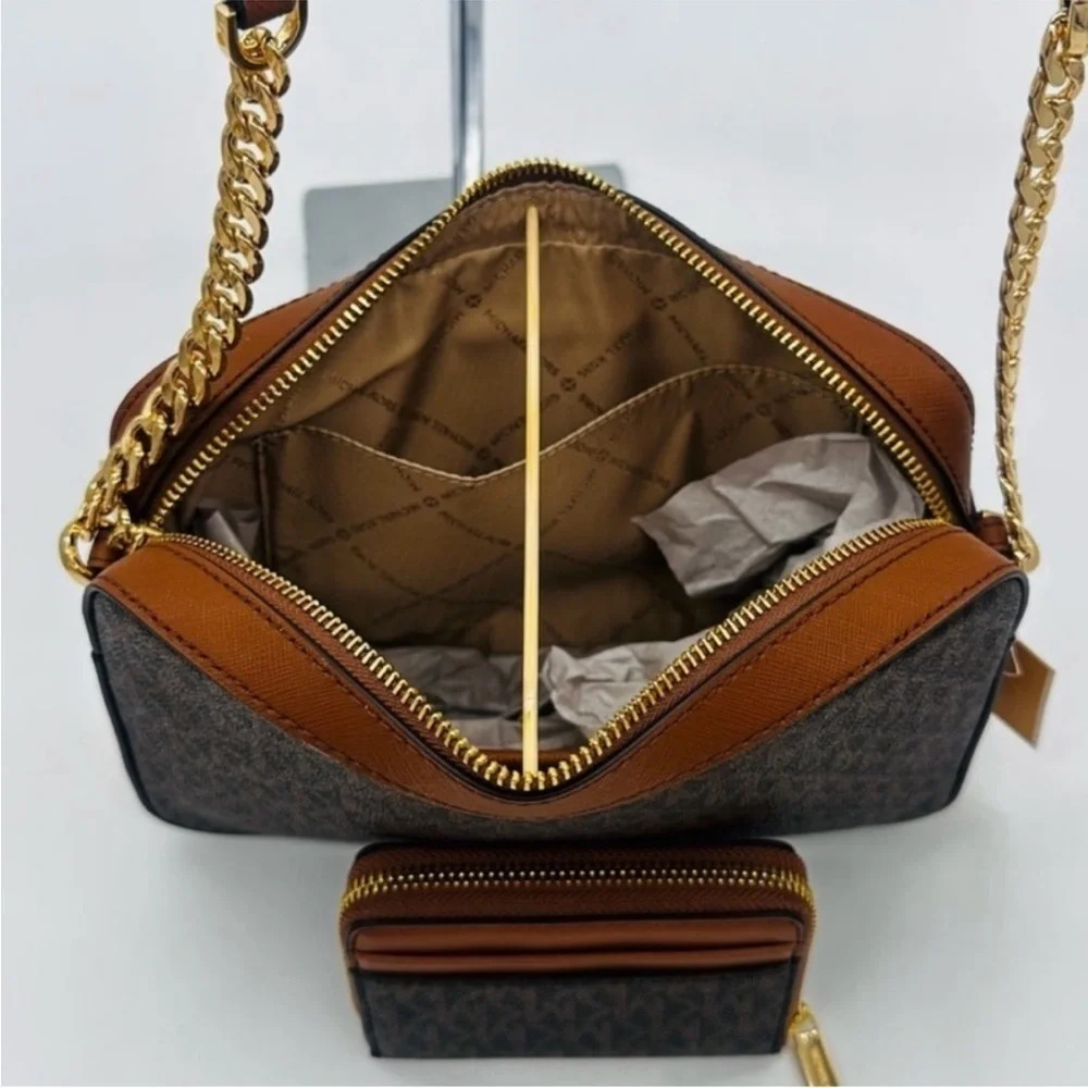 Michael Kors Large EW Crossbody Bag & Jet Set Travel ZA Card Case Wallet Brown - Picture 8 of 11